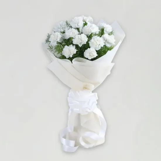 12 White Carnations Bouquet - Blue Heaven