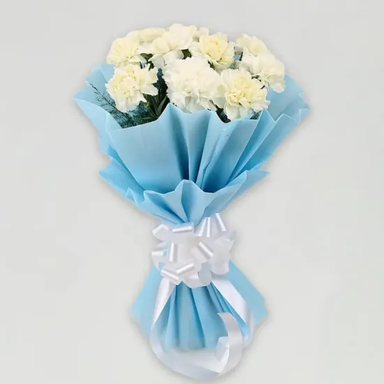 12 White Carnations Two-Layered Bouquet - Blue Heaven