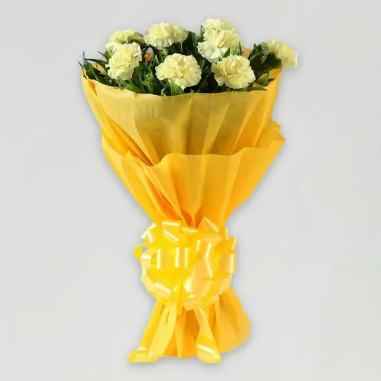 Order 8 Yellow Carnations Flower Bouquet Online in Bhopal - Blue Heaven Bakery 8 Yellow Carnations Flower Bouquet - Blue Heaven