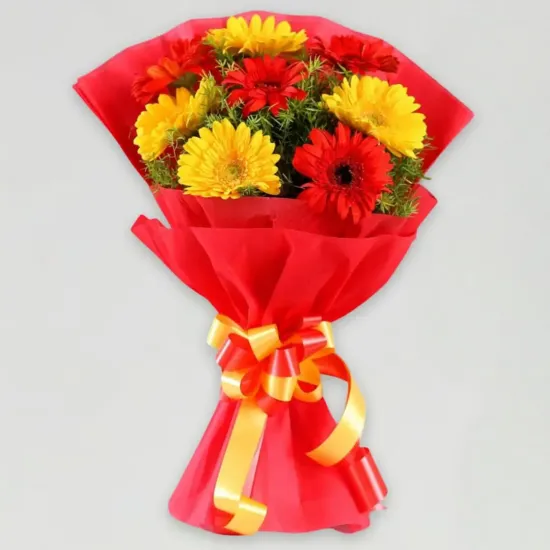 Order Glorious Red & Yellow Gerbera Blossoms Bouquet Online in Bhopal - Blue Heaven Bakery Glorious Red & Yellow Gerbera Blossoms Bouquet - Blue Heaven