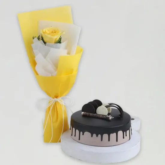 Bright Yellow Rose Bouquet & Chocolate Cake - Blue Heaven