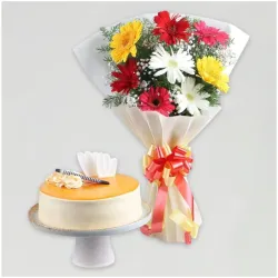 Colourful Gerberas & Buttescotch Cake Combo Colourful Gerberas & Buttescotch Cake Combo