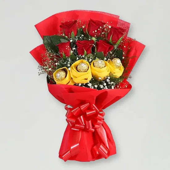 Order Romantic Red Roses Bouquet with Ferrero Rocher Chocolates Online in Bhopal - Blue Heaven Bakery Romantic Red Roses Bouquet with Ferrero Rocher Chocolates - Blue Heaven