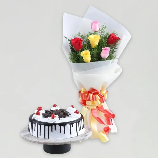 Spring Time Bouquet & Black Forest Cake Combo - Blue Heaven