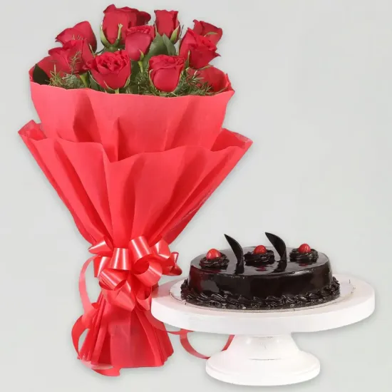 Truffle Cake with Red Roses Bouquet - Blue Heaven