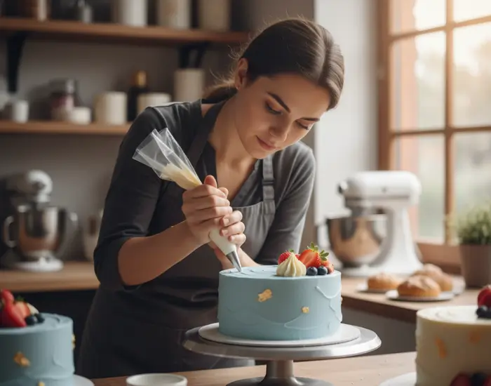 Professional baker decorating fresh designer cake at Blue Heaven Bhopal bakery