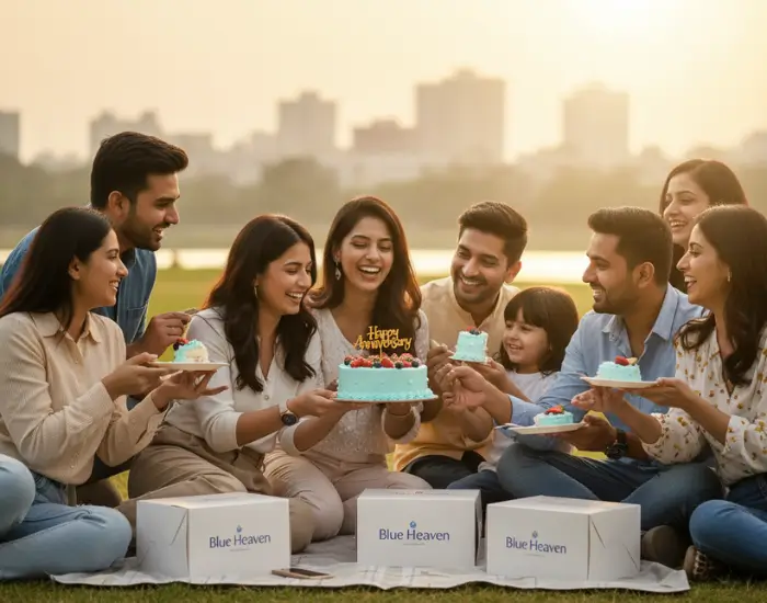 Friends enjoying fresh premium cake from Blue Heaven bakery Bhopal