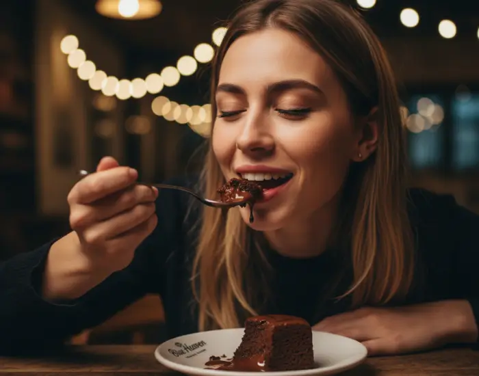 Customer enjoying fresh premium chocolate cake by Blue Heaven bakery Bhopal