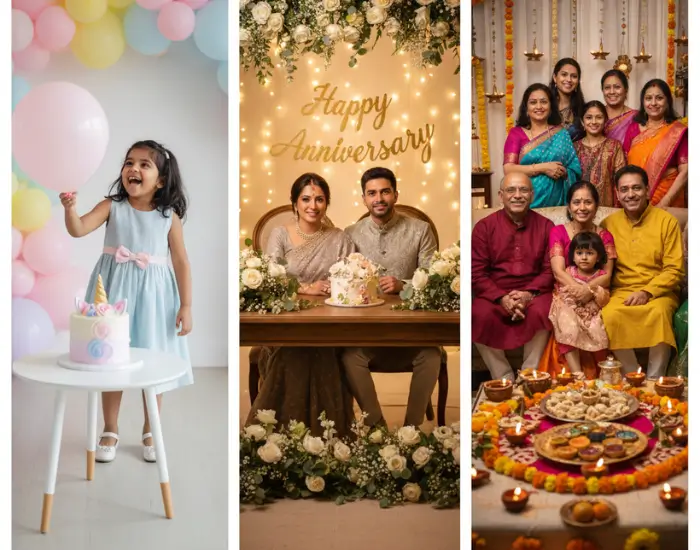 Birthday and Anniversary Celebration Theme Setup Beautiful birthday and anniversary celebration setup with balloons, cake, and family