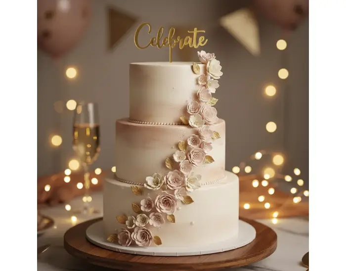 Elegant Three-Tier Celebration Cake Design Beautiful three-tier celebration cake with floral decorations and warm lighting