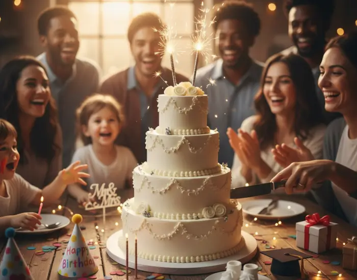 Joyful family celebrating with a beautiful layered cake Happy family celebrating birthday with a grand white cake and sparklers
