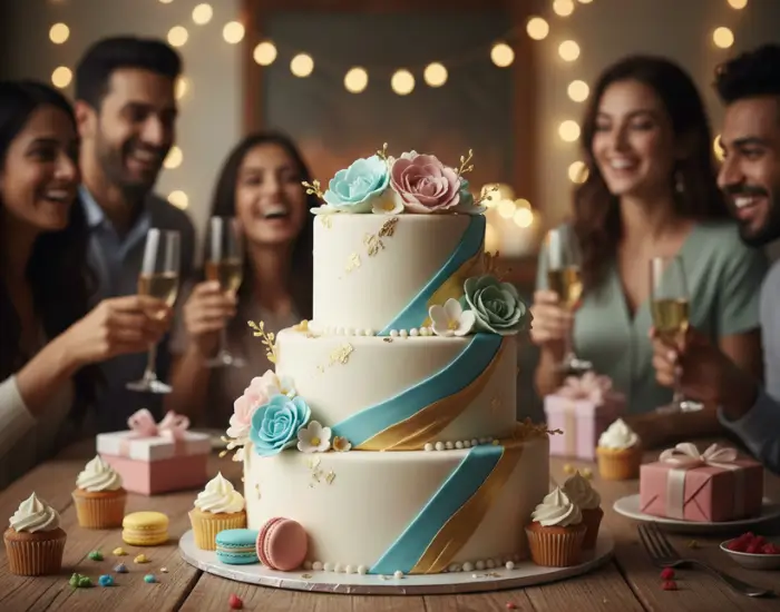 People celebrating with a decorated tier cake at a party