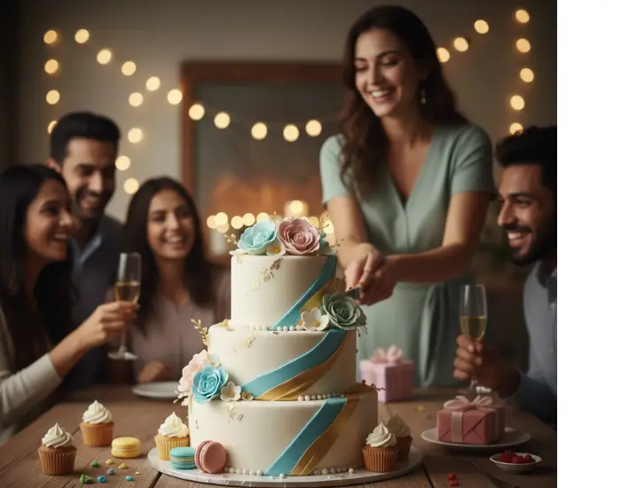 People engaged in a cake cutting ritual during a celebration