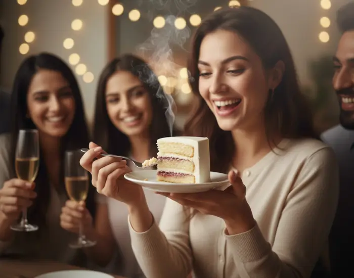 Friends enjoying a slice of celebration cake during a party
