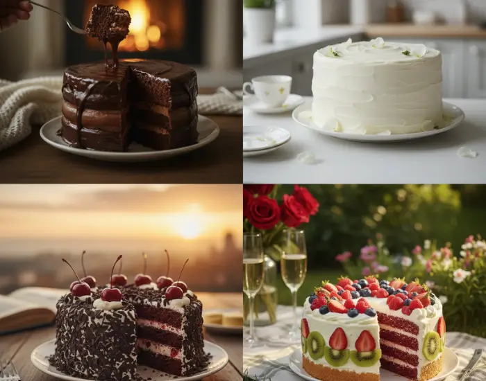 Variety of cakes including chocolate, black forest and fruit cakes representing different emotions