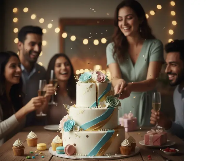 People celebrating with a customized multi-tier cake during a special occasion