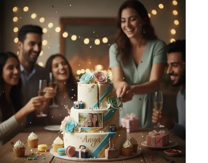 Friends celebrating with a personalized photo cake decorated with flowers and fondant details