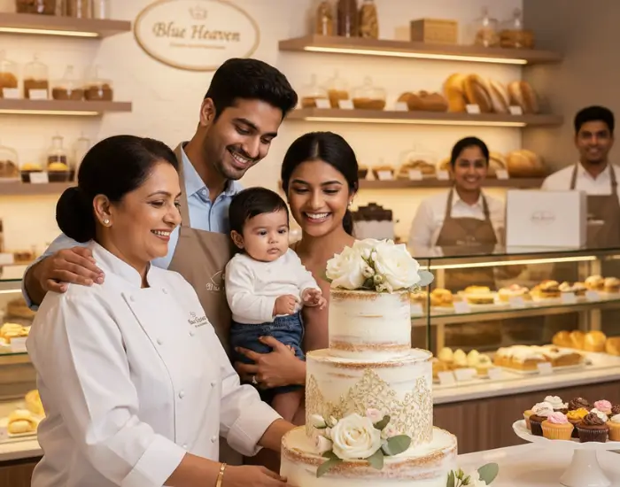 Family posing with a customized celebration cake at Blue Heaven bakery in Bhopal