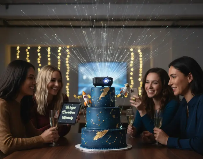People enjoying a projector theme celebration cake at Blue Heaven bakery in Bhopal