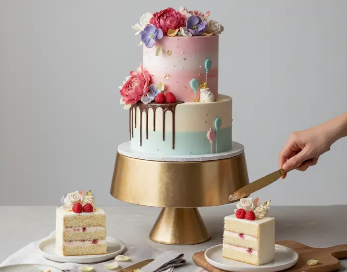 Hand Cutting a Cake Slice for Natural Styling Hand cutting a slice of layered floral cake for natural styling