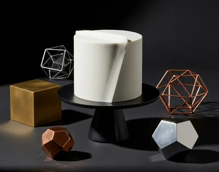 Premium white designer cake styled with cinematic lighting, geometric props and luxury decor – Blue Heaven Cake Shop in Bhopal