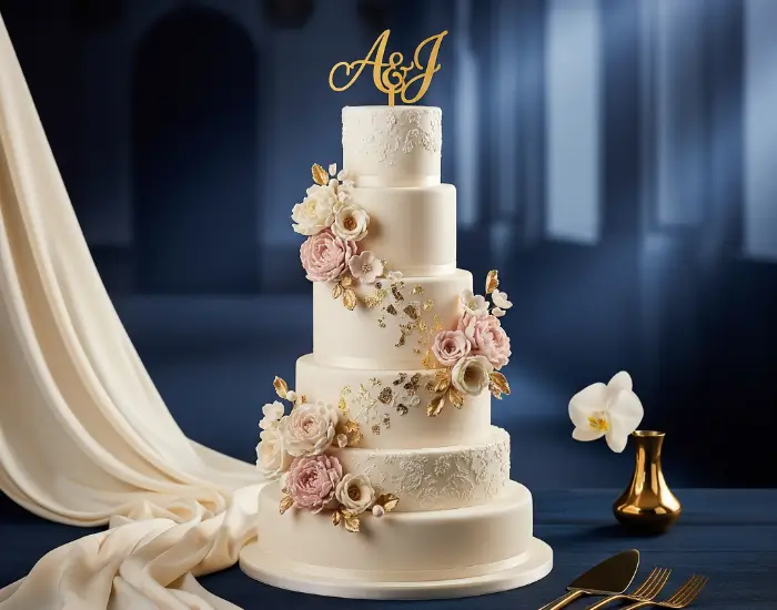 Elegant multi-tier white wedding cake with pastel flowers, gold detailing and cinematic blue backdrop – Blue Heaven Cake Shop in Bhopal
