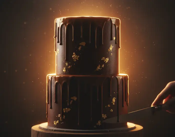 Premium dark chocolate cake with golden drip styling, cinematic warm lighting and elegant decor – Blue Heaven Cake Shop in Bhopal