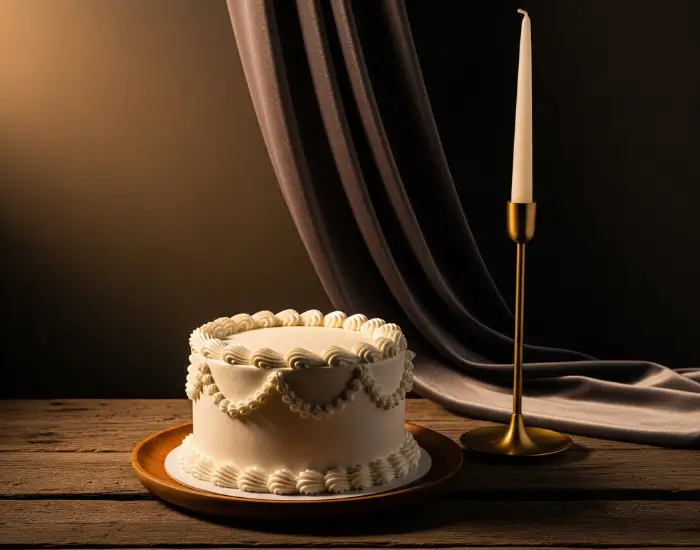 Elegant white cake with vintage piping, warm cinematic spotlight and luxury drape background – Blue Heaven Cake Shop in Bhopal