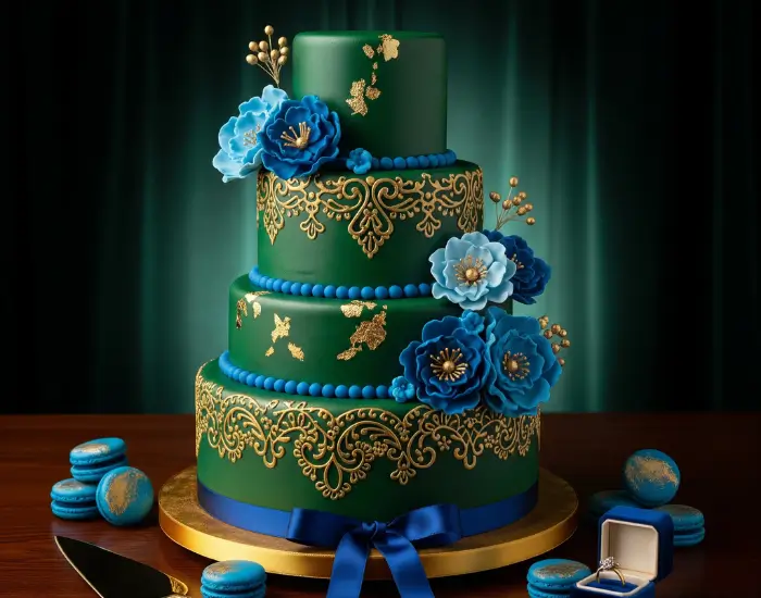 Premium emerald green designer cake with golden patterns, blue floral accents and cinematic teal lighting – Blue Heaven Cake Shop in Bhopal
