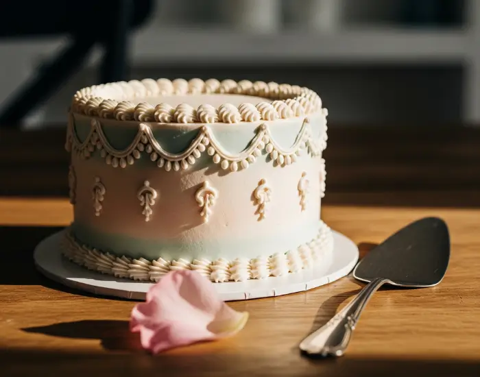 Elegant vintage pastel cake with soft piping, warm cinematic sunlight and a blurred pink petal foreground – Blue Heaven Cake Shop in Bhopal