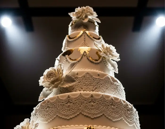 Luxury multi-tier white wedding cake with golden highlights, floral detailing and cinematic spotlight – Blue Heaven Cake Shop in Bhopal