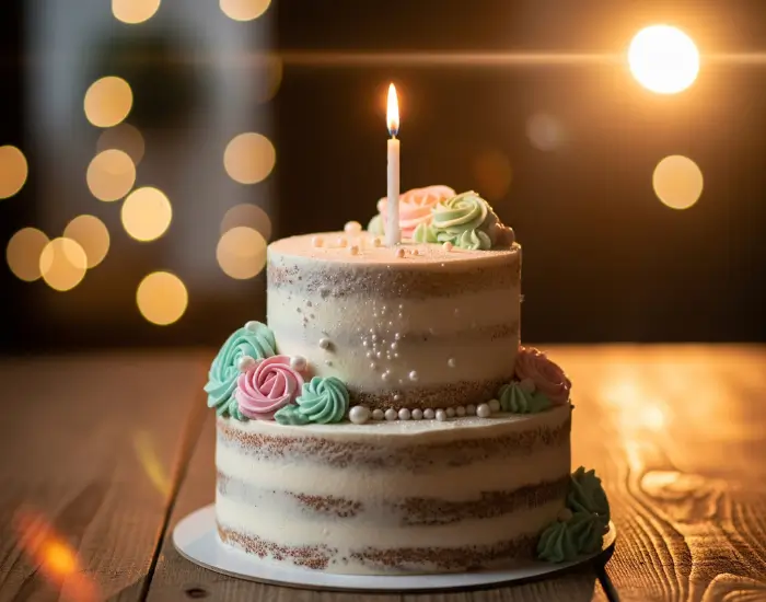 Elegant naked cream cake with pastel flowers, candle flame and warm cinematic bokeh lights – Blue Heaven Cake Shop in Bhopal