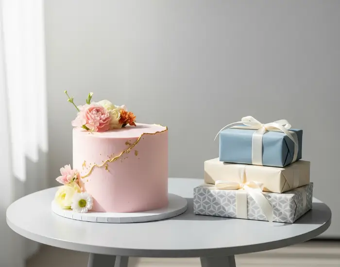 Elegant pastel pink cake with delicate floral decor and soft cinematic natural light – Blue Heaven Cake Shop in Bhopal
