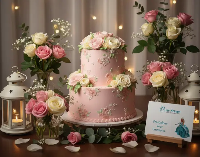 Pink floral cake decorated with fresh roses, greenery and lanterns – Blue Heaven Bhopal