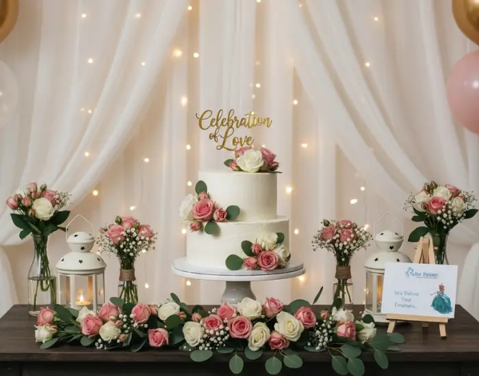 White celebration cake decorated with roses, floral garland and lanterns – Blue Heaven Bhopal