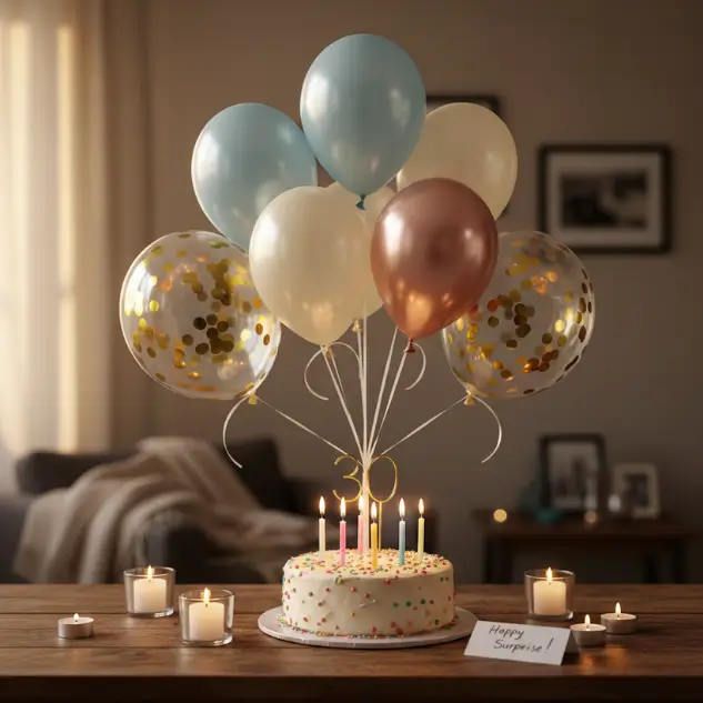 A simple last-minute party setup featuring a cake, balloons, and candles on a decorated table