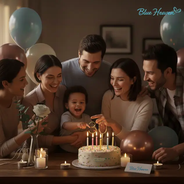 A family gathered around a decorated cake with candles and balloons during a celebration, featuring Blue Heaven branding