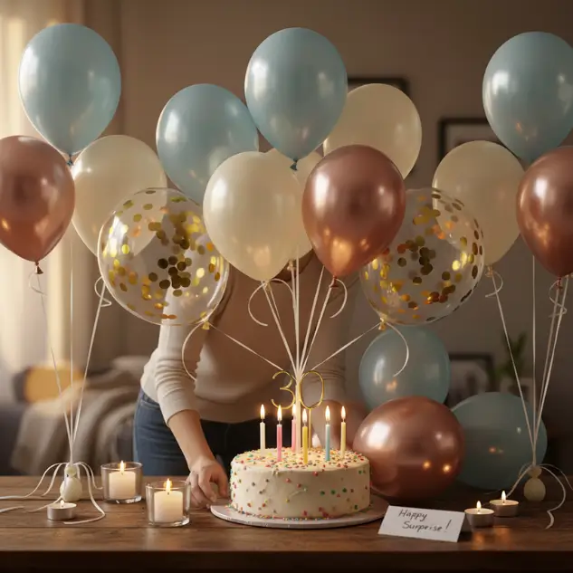 A decorated cake surrounded by candles and balloons being prepared for a quick birthday party setup