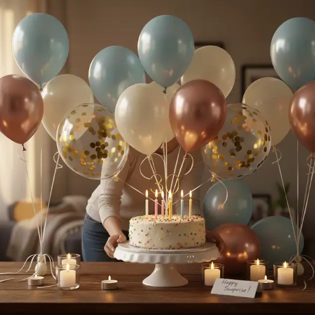 A cake placed on a stand with balloons and candles as part of a last-minute party decor setup