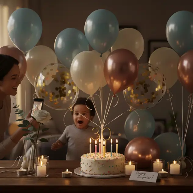 A child smiling in front of a decorated cake with candles and balloons during a last-minute party setup