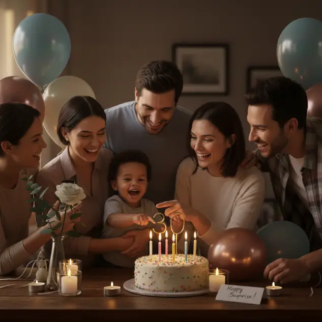 A family gathered around a cake with candles and balloons, enjoying a quick and simple party setup