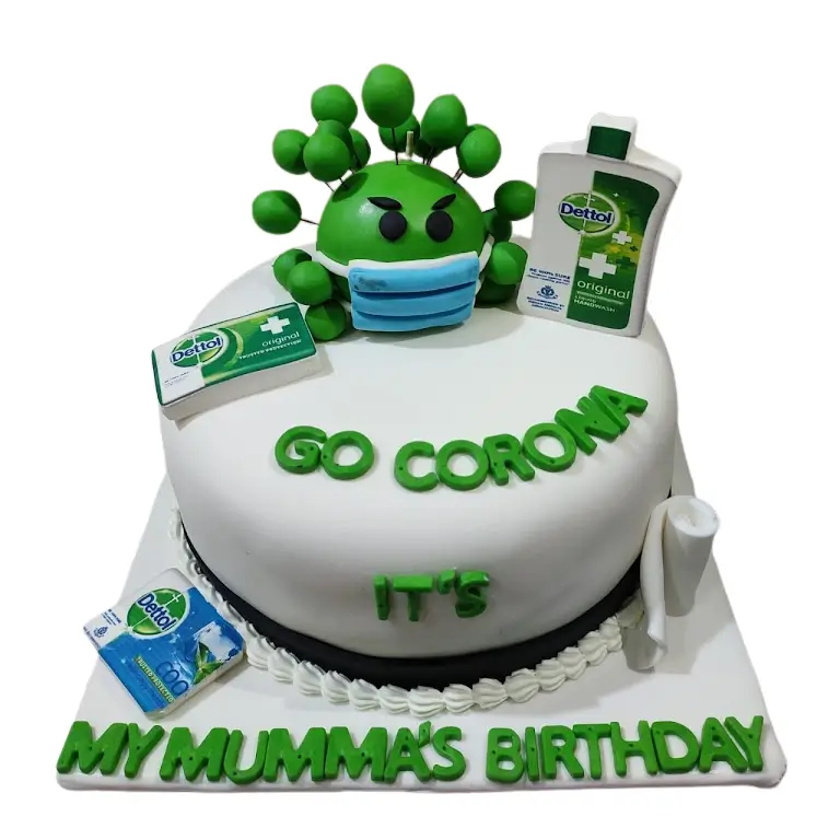 Go Corona theme fondant cake with Dettol decoration by Blue Heaven, online cake delivery in Bhopal