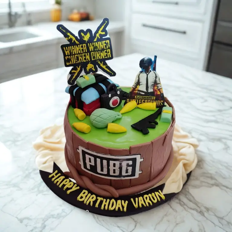 PUBG theme fondant birthday cake for gamers by Blue Heaven, online cake delivery in Bhopal