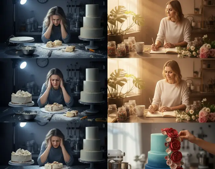 Stressed Cake Artist Working on a Damaged Cake A cake artist feeling stressed while fixing a damaged cake in the bakery