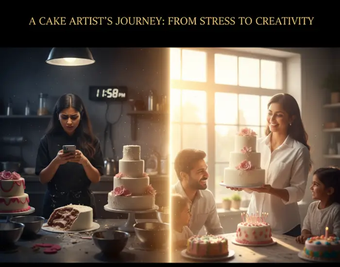 Cake Artist Working Late on Creative Cake Designs A cake artist creating cake designs while working late in the bakery