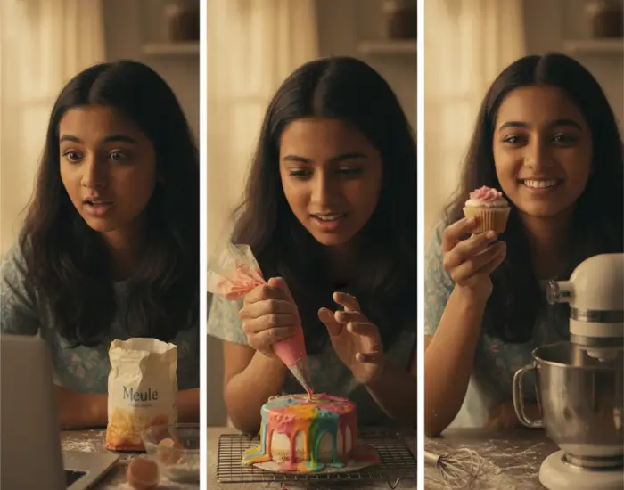Young Girl Learning to Decorate Her First Cake A young girl excitedly decorating her first homemade cake in the kitchen