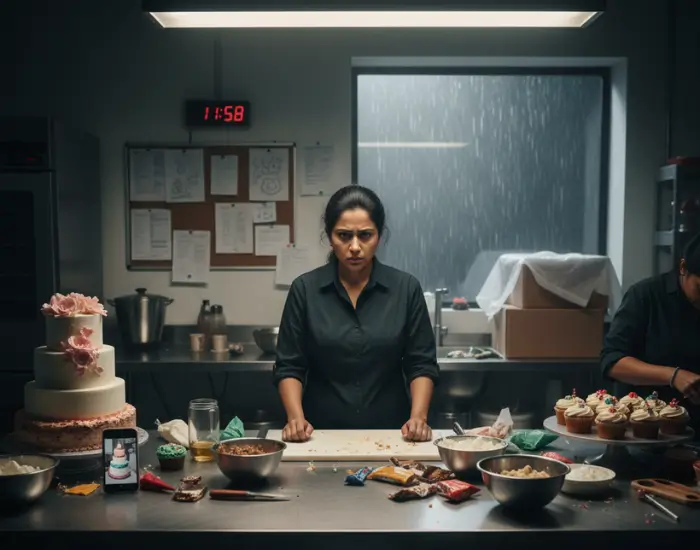 Cake Artist Working Under Pressure in the Bakery A cake artist standing in the bakery with unfinished cakes, working under high pressure