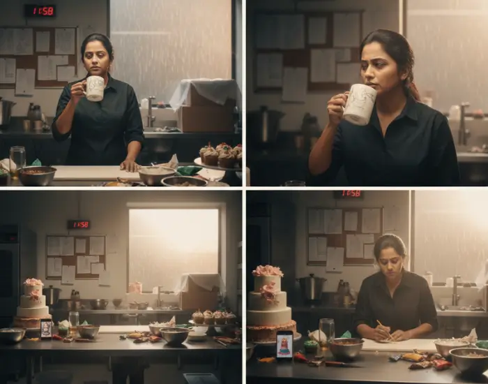 Cake Artist Taking a Calm Break During a Busy Workday A cake artist holding a cup and taking a quiet break in the bakery during a long workday
