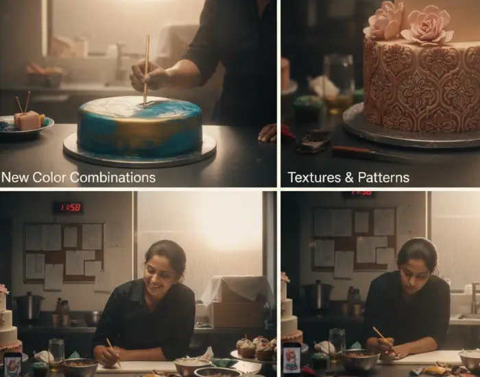 Cake Artist Finding Creative Inspiration While Planning New Designs A cake artist smiling while writing new creative cake ideas during an inspiring moment in the bakery