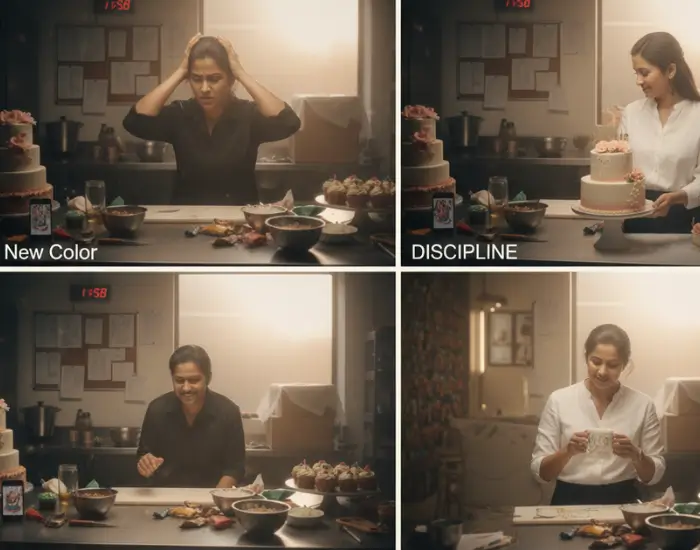 Cake Artist Feeling Overwhelmed During a Busy Workday A cake artist holding her head in stress while facing multiple unfinished cakes in the bakery